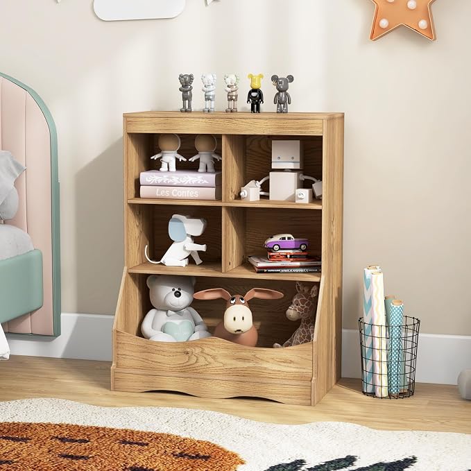 HONEY JOY Kids Toy Storage Organizer with Bookcase, 4-Cubby Organization Storage Cabinet w/Display Shelf, Wooden Toy Storage Unit for Playroom, Nursery Daycare (Natural) - Image 8