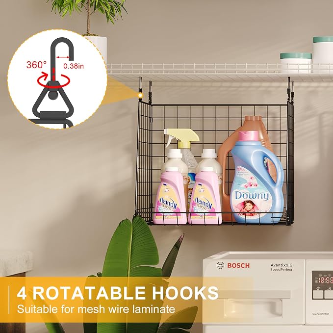 4-Pack Hanging Laundry Room Organizer：Foldable Laundry Room Organizaton Wire Basket with 360°Rotating Hooks Space Saving Over Washer and Dryer Shelves - Metal Laundry Basket Storage, Black Patent - Image 5