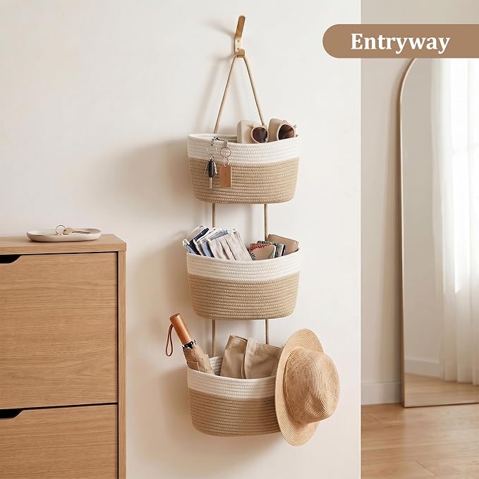 TeoKJ Over the Door Hanging Basket, 3-Tier Woven Cotton Wall-Mounted Storage Organizer Bag Decorative Hanging Nursery Baskets, White & Jute - Image 7