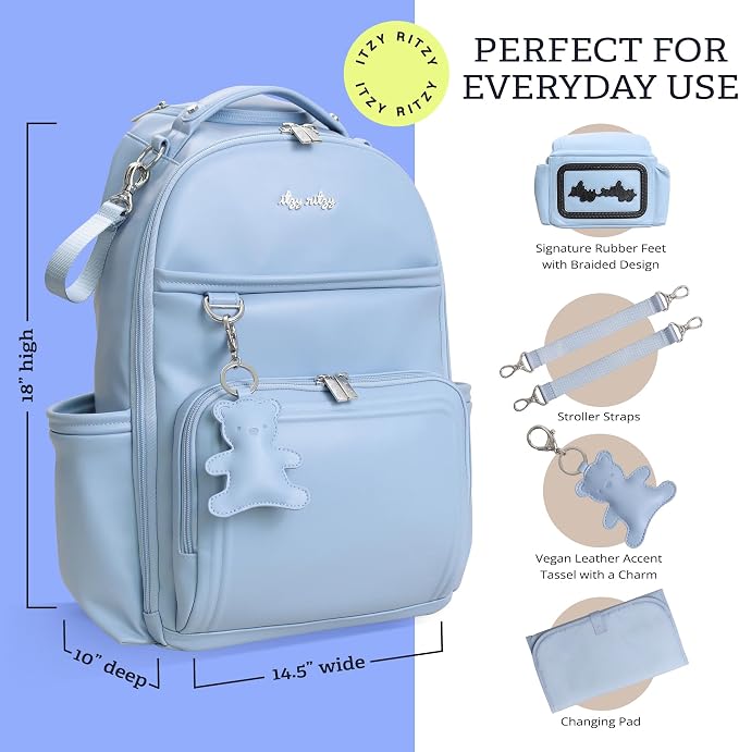 Itzy Ritzy Boss Plus Large Diaper Bag Backpack with 19 Pockets (Teddy Blue) | Includes 2 Insulated Bottle Pockets, Changing Pad, Stroller Clips, Comfortable Padded Straps, Easy-to Clean, Travel-Ready - Image 5