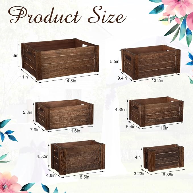 AceOrbit 6 Pcs Decorative Wood Crates for Storage Display 6 Size Rustic Nesting Crates with Handle Farmhouse Wooden Container Boxes for Wedding Bride Shower Party Market Farmers Decor(Dark Brown) - Image 2