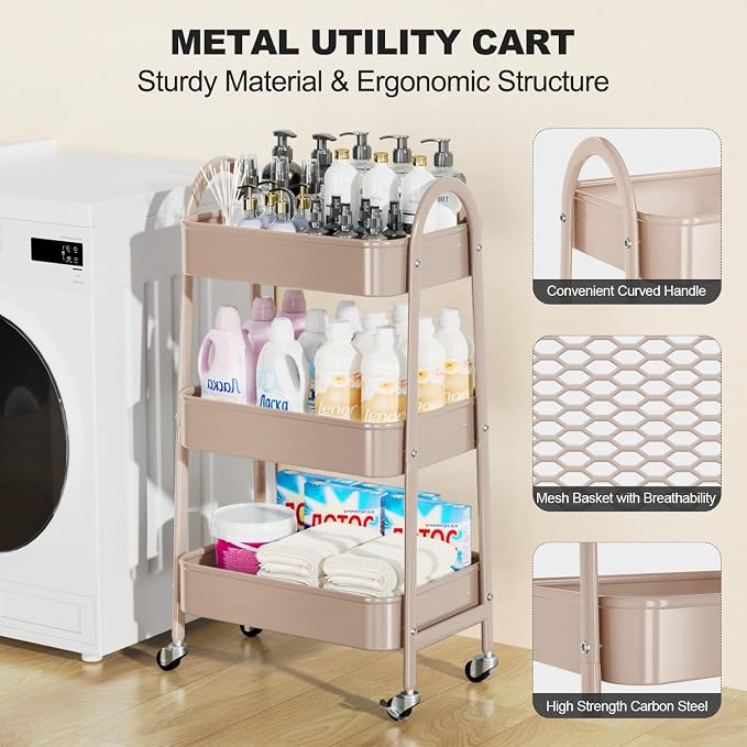 3 Tier Rolling Cart, Large Metal Storage Cart with Handle and Lockable Wheels, Big Multifunctional Storage Organizer Trolley with Mesh Baskets for Kitchen, Living Room, Office, Garage (Beige) - Image 3