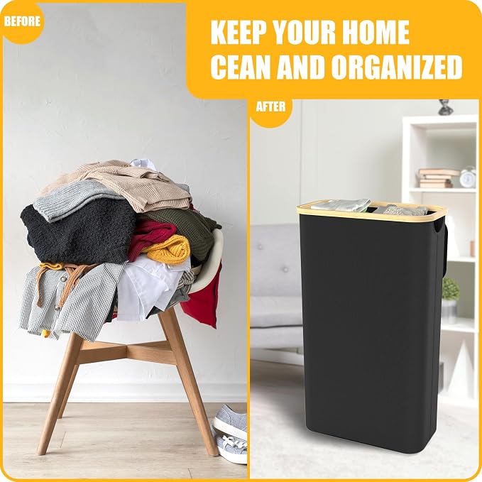 Slim Laundry Hamper with Lid, 60L Laundry Basket with Handles, Skinny Narrow Collapsible Dirty Clothes Hamper with Removable Laundry Bag for Bathroom Bedroom Dorm Clothes Toys Towels (Black 1) - Image 2