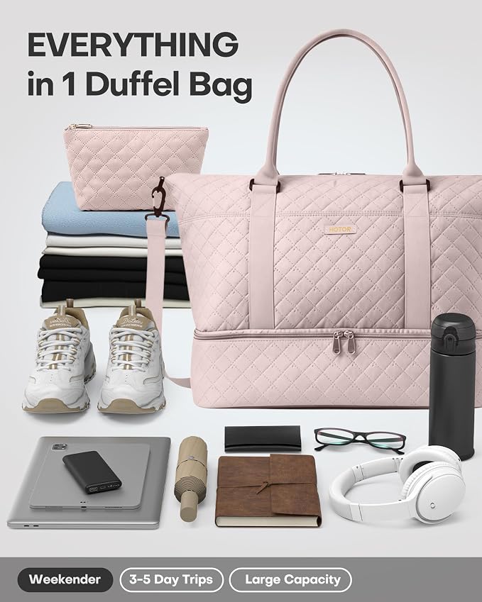 HOTOR Travel Duffel Bag - Weekender Bags for Women, Carry On Gym Tote Bags | with Toiletry Bag & Shoe Compartment, Overnight Bag for Travel Essentials and Travel Accessories, Pink, 15.8"×18.1"×8.7" - Image 5