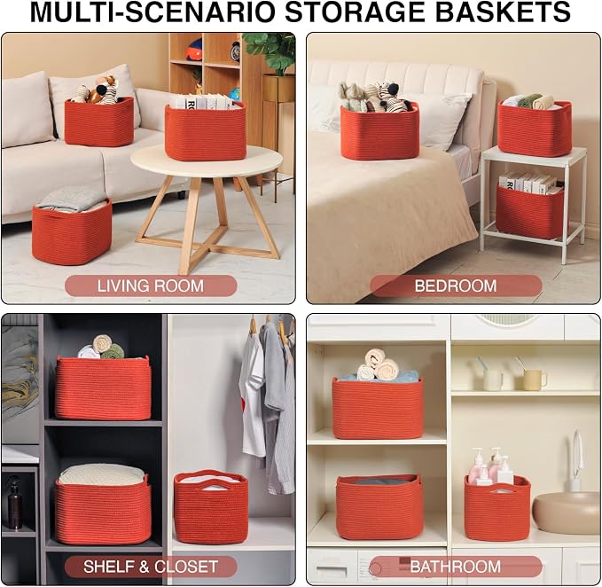 ICERZCZ Storage Baskets for Organizing, Storage Basket for Shelves, Toy Towel Basket for Bathroom Nursery, Woven Cotton Rope Baskets for Decor, 15"x11"x9.5", 3 Packs, Brick Red - Image 5