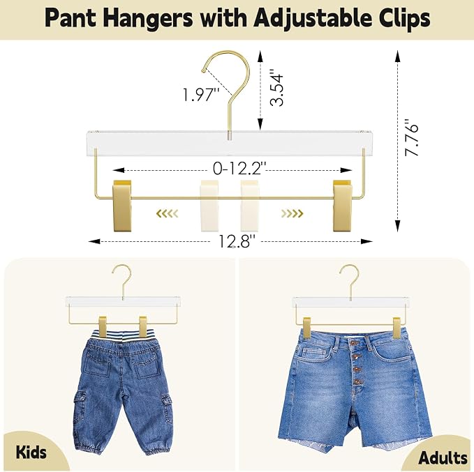 Clear Gold Acrylic Pants Hangers 10 Pack with Adjustable Clips | Non-Slip & Heavy Duty Hangers for Pants, Skirts, Jeans, Trousers, Scarves, Adults & Kids, Clothing Closet Storage - Image 2
