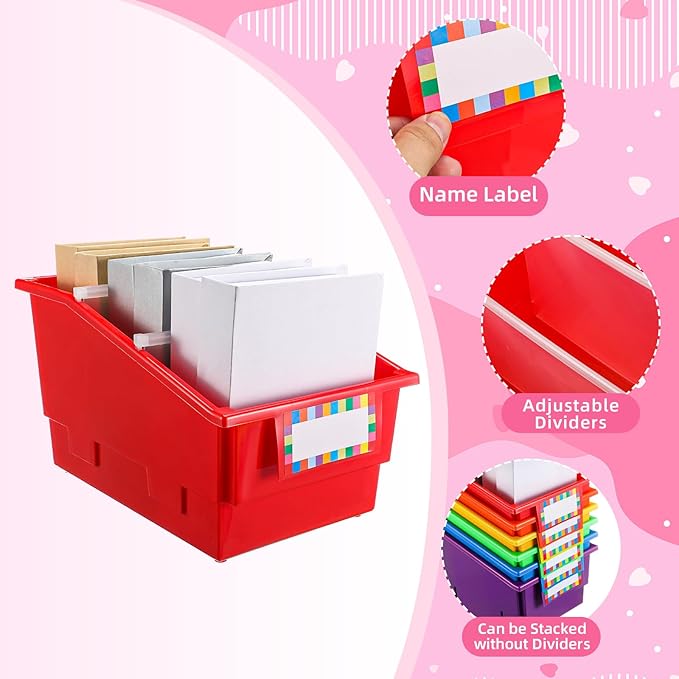 Lineshading 6 Pack Picture Book Organizer Bins with Dividers Large Plastic Book Holders with Labels Multi Purpose Classroom Organization Bins Storage Container (Colorful,8.75" X 13.5" X 7.75") - Image 3
