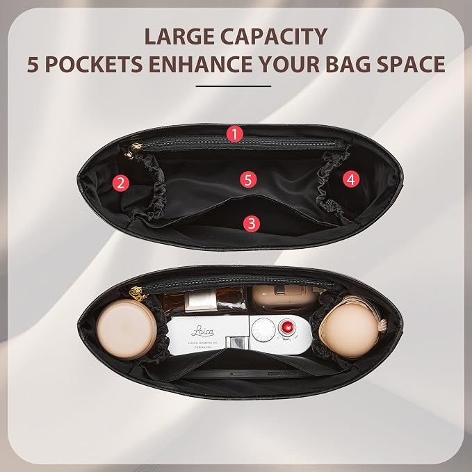 Brooklyn 28 Bag Insert, Purse Organizer Insert for Coach, Black | Waterproof Dupontpaper For Coach Brooklyn Shoulder Bag 28, Lightweight, 5 Compartments Zipper Pocket, Elastic Holders - Image 3
