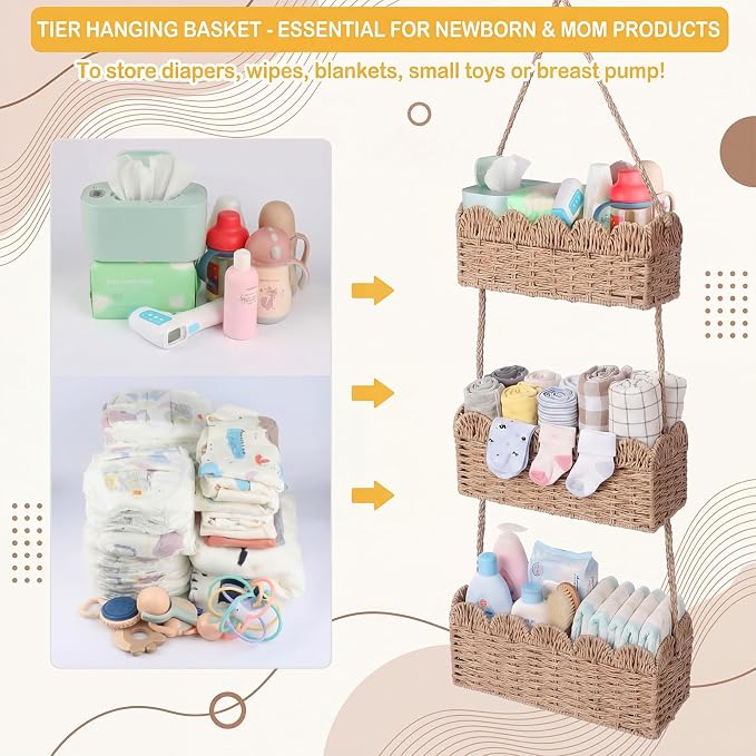Qunclay Over The Door Hanging Basket 3-tier Decorative Hanging Nursery Baskets Large Baby Diaper Caddy Wall Mounted Woven Organizer for Home Bedroom Living Room Baby Shower Gifts - Image 2