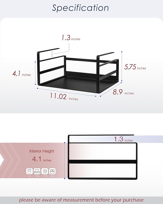 Nxconsu Under Shelf Basket 2 Pack, Cabinet Storage Organizer, 11" Black | Solid Metal Bottom Holds Up to 15 lb with No Drilling for Kitchen Cupboard Pantry Bookshelf Closet Laundry and Bath - Image 2