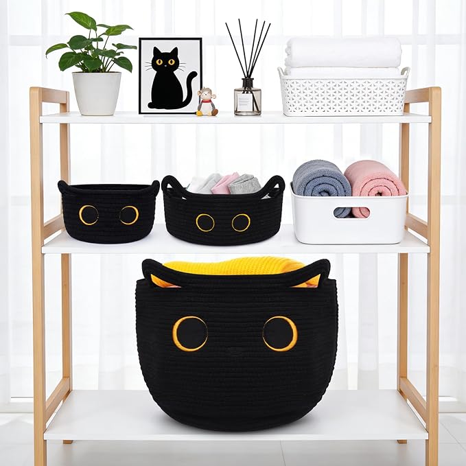 3Pack Black Cat Cute Storage Basket Set for Nursery- Small, Oval, Large Woven Gift Basket, Rope Cotton Bins with Lover Handles, Baby Laundry 0rganizer Shower Towel Blanket Clothes (9/12/15In) - Image 3