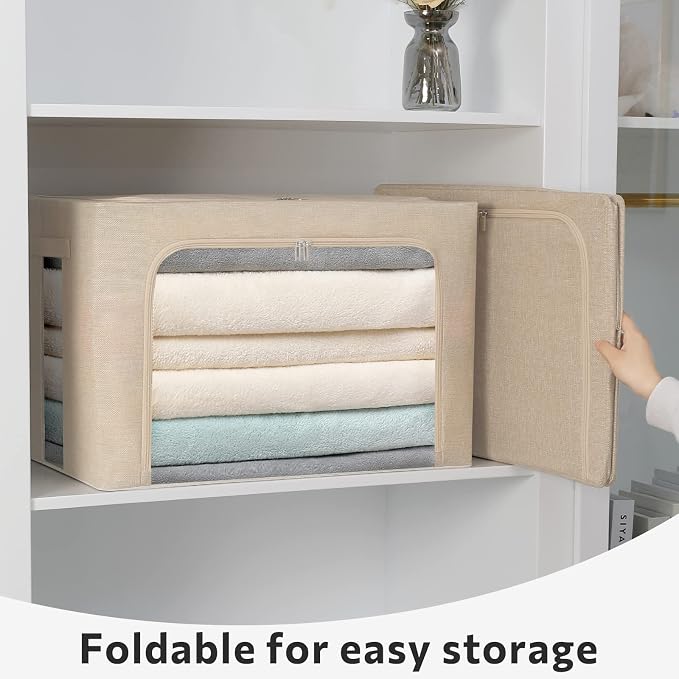 FHSQX 2 Pack Clear Window Storage Bins - Large Stackable Linen Fabric Storage for Clothes Foldable Container Organizer Set with Carrying Handles (Beige, 19.7x 15.7x 12.6 Inch) - Image 5