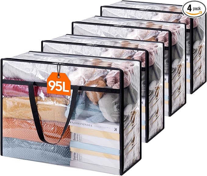 Lifewit 4 Pack Clear Clothes Storage Bags, 95L Plastic Blanket Storage Bag, Vinyl Foldable Moving Bags with Zipper, Closet Organizers and Storage Containers for Bedding, Duvet, Comforter by Lifewit