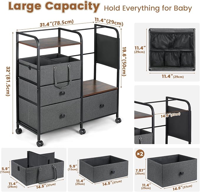 Orzbow Baby Diaper Caddy Cart Organizer and Storage, Grey | 4 Tier Baby Rolling Cart with Dividers and Drawers, Metal Rolling Utility Cart for Nursery, Bedroom, Changing Table & Crib - Image 4