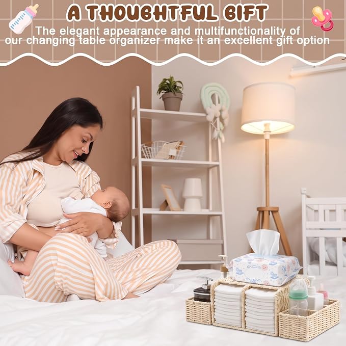 Large Wicker Diaper Caddy Organizer, Detachable Modular Changing Table Organizer for Nursery, Woven Diaper Storage Dispenser Basket for Nursery Diapering Baby Essentials Gift(White,Paper) - Image 7