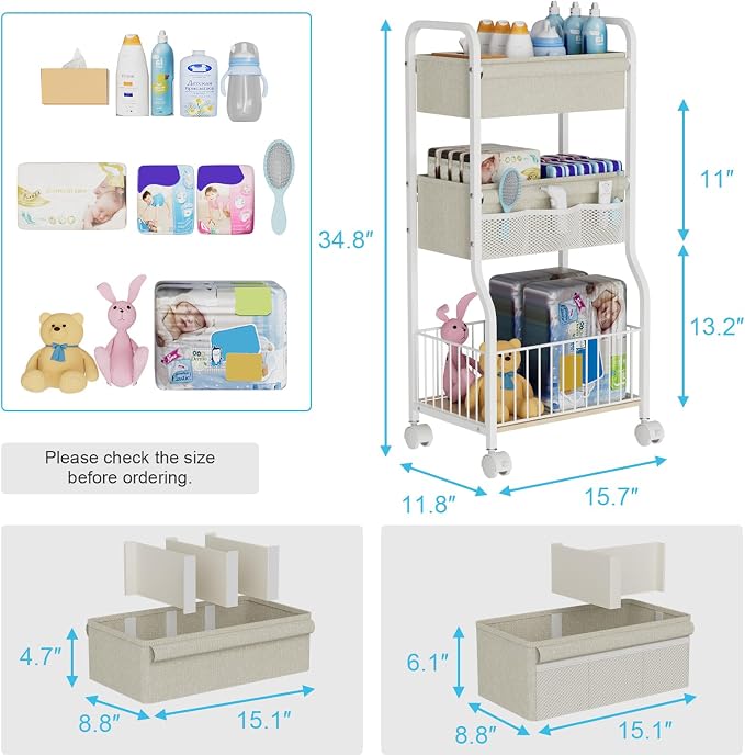 3-tier Baby Diaper Caddy Organizer and Storage Cart with 4+3 Dividers, Metal Utility Cart with Lockable Wheels for Nursery, Bedroom, Bathroom, White - Image 2