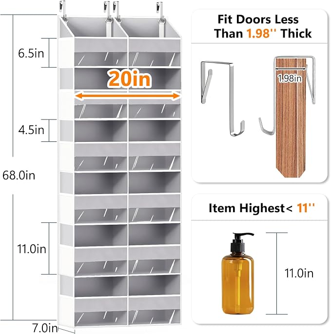 Heavy Duty Over The Door Organizer 6 Tiers, Extra Large Behind Door Storage of 12 Front & 12 Mesh Pockets, 80lb Weight Capacity, Hanging Doors Storage for Closet Bedroom Nursery, Light Gray - Image 2