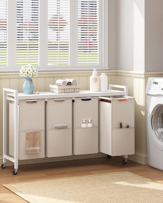 HOOBRO Laundry Sorter 4 Sections, Laundry Hamper with Wheels, 4 × 10.5 Gal (40 L), Rolling Laundry Basket, Pull-Out and Removable Oxford Fabric Bags, White WG04XY01 - Image 2
