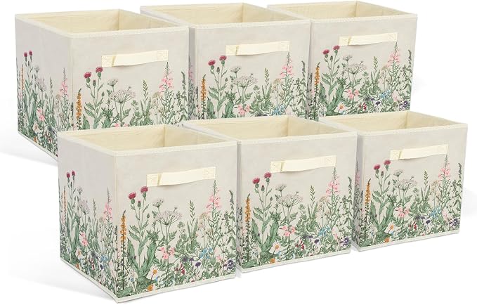6 Pcs Wild Floral Cube Storage Bins 12.5 Inch Flower Storage Basket with Handle, Beige Collapsible Fabric Box for Classroom Bedrooms Office Home Decoration - Image 7