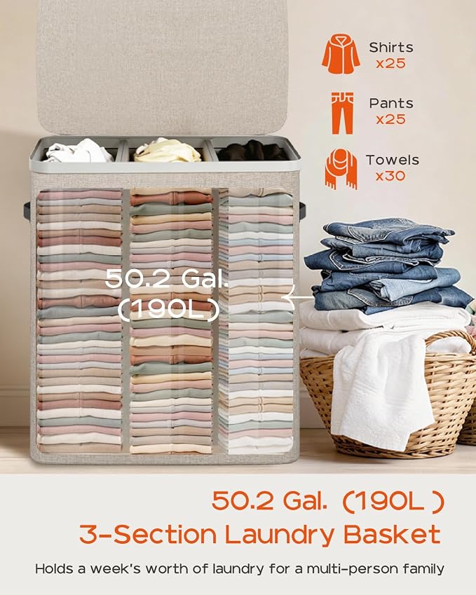 CASAMAYA Laundry Basket with Lid, Laundry Hamper 3 Section, 190L collapsible Laundry Organizer, Easy Assembly, with Handles and Removable Liners, 25.2 x 15.7 x 29.5 Inches, Beige JSP904M - Image 3
