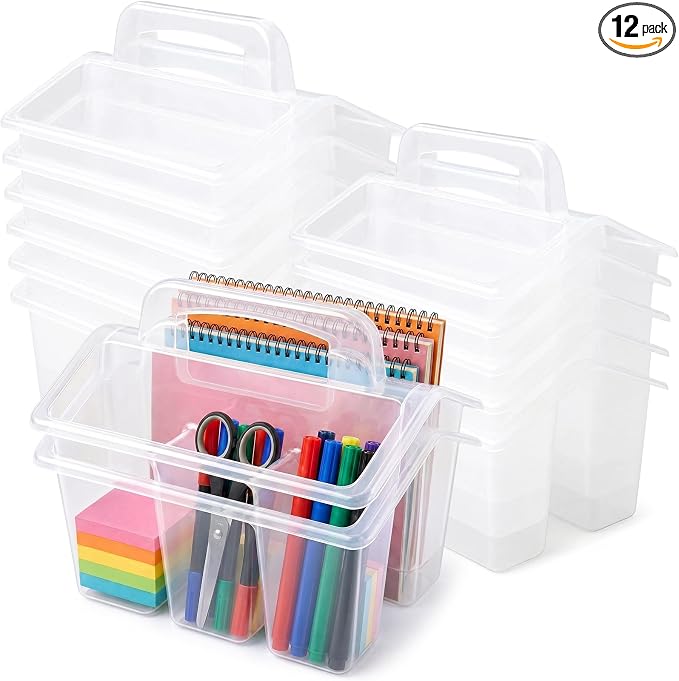 WILLBOND 12 Pcs Classroom Storage Caddies Stackable Utility Caddies with 4 Compartment Plastic Caddy with Handle Portable Storage Bins Organizers for Kids Schools Art Craft Supplies (Clear) by Willbond+Technology+Limited