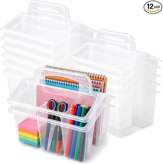 WILLBOND 12 Pcs Classroom Storage Caddies Stackable Utility Caddies with 4 Compartment Plastic Caddy with Handle Portable Storage Bins Organizers for Kids Schools Art Craft Supplies (Clear) by Willbond+Technology+Limited