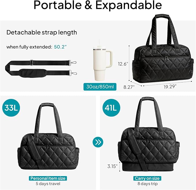 TOPEAST Duffel Bag for Women Travel, Expandable Quilted Weekender Overnight Duffle Bag with Adjustable Strap, Lightweight 33L Personal Item Bag Hospital Bags for Labor and Delivery, Black - Image 3