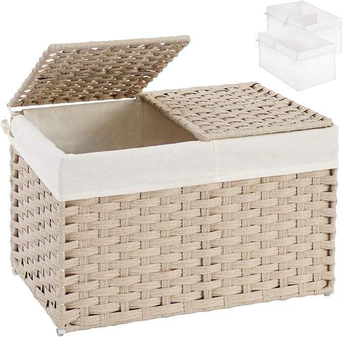 SETVSON Storage Basket with Lid, PE Rattan Storage Bin Light Khaki | Decorative PE Rattan Furniture Look for Bedroom, 2 Separate Lids, 2 Liners with Divider for Apparel & Essentials by SETVSON