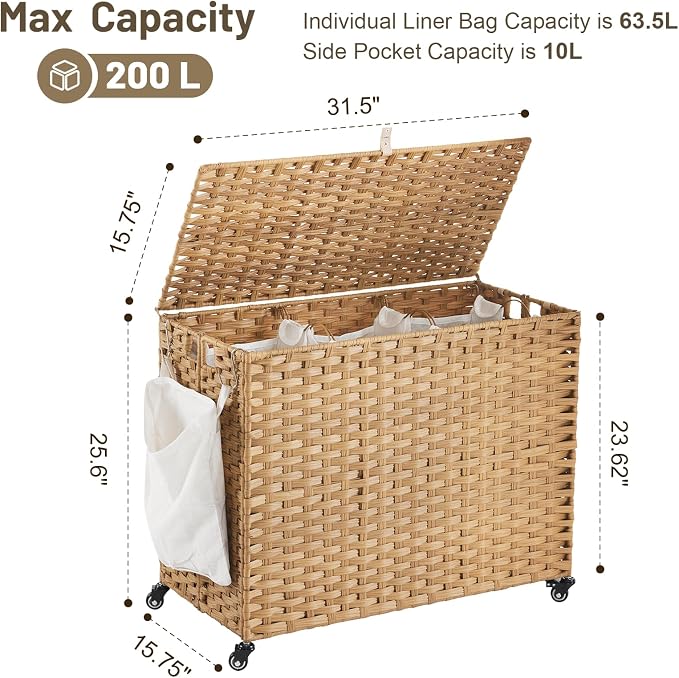 Laundry Hamper with Wheels, 52.8 Gallon(200L) Rolling Laundry Basket with Lid, 3-Section Rattan Clothes Hamper with 3 Removable Liner & 3 Mesh Bags, Laundry Sorter with Side Pocket, Natural - Image 4