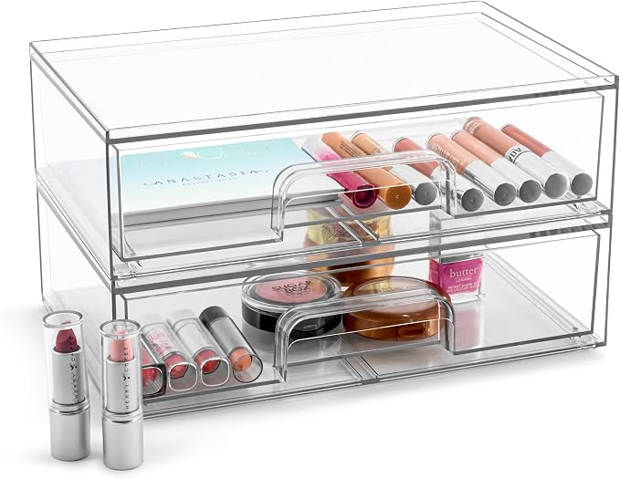 Sorbus Clear Stackable Storage Drawers (2 Pack, 12.1'' Wide) | Acrylic containers with pull-out bins keep cosmetics, brushes and daily items sorted on bathroom counters or in cabinets. - Image 8