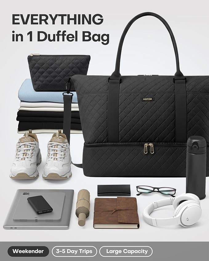 HOTOR Travel Duffel Bag - Weekender Bags for Women, Carry On Gym Tote Bags | with Toiletry Bag & Shoe Compartment, Overnight Bag for Travel Essentials and Travel Accessories, Black, 13.4"×17.3"×7.9" - Image 4