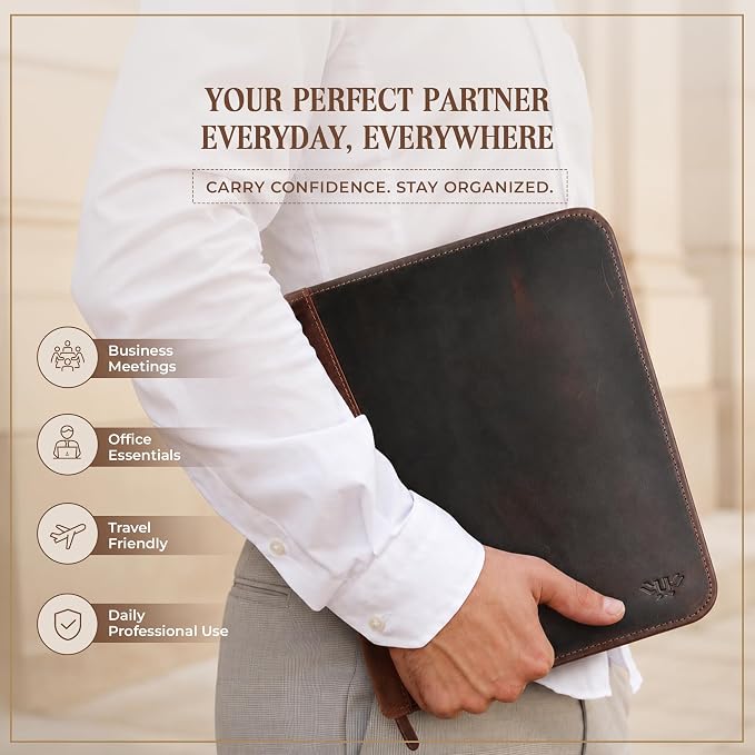 Leather Portfolio Binder, Professional Organizer Padfolio – Resume Folder, Business Card & Document Holder, Portfolios for Men & Women, Office & Business Supplies (Large - Brown) - Image 7