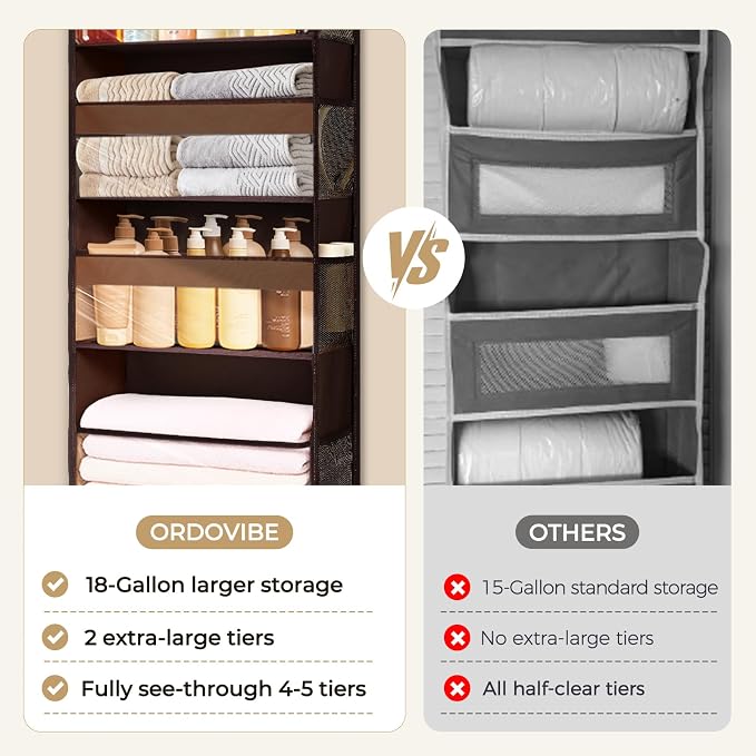 5 Tiers Over Door Organizer with 10 Mesh Side Pockets, 44 lbs Weight Capacity Hanging Storage Organizer with Clear Window Kids Toys, Shoes, Diapers, Dark Brown - Image 5