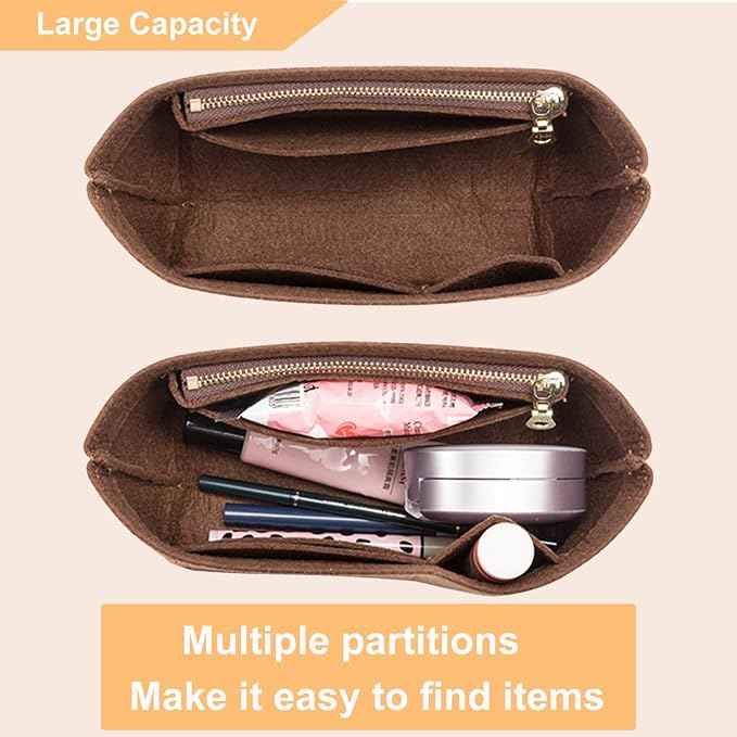 Small Purse Organizer Insert for Handbags, Felt Neverfull BB Organizer Insert,Mini Tote Bag Organizer with Zipper Pocket, Fit Neverfull BB Longchamp Xtra Energy S and More, Brown-XS - Image 5