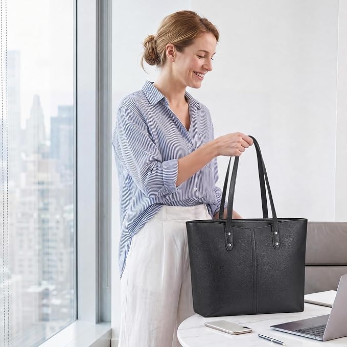 S-ZONE Tote Bag for Women Work Purses Handbags Luggage Strap Large Travel | Padded Laptop Compartment, Multi Pockets, Vegan Leather, Bottom Metal Rivet, Commuting Office Teacher - Image 2