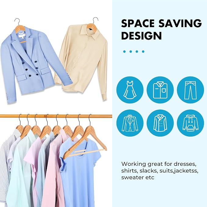 JS HANGER Wooden Hangers 20 Pack, Natural Wood Suit Hangers with Non Slip Shoulder Grooves, Clothes Hangers for Coats, Shirts, Jackets, Pants, Suits - Image 7