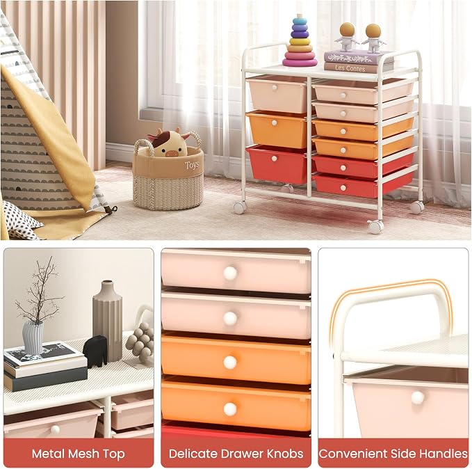 RELAX4LIFE 9 Drawer Rolling Storage Cart - Mobile Drawer Carts for Craft Art Supply Paper Salon, Utility Cart on Wheels for Classroom Teacher School Office, Rolling Cart with Drawers (Macaron) - Image 6