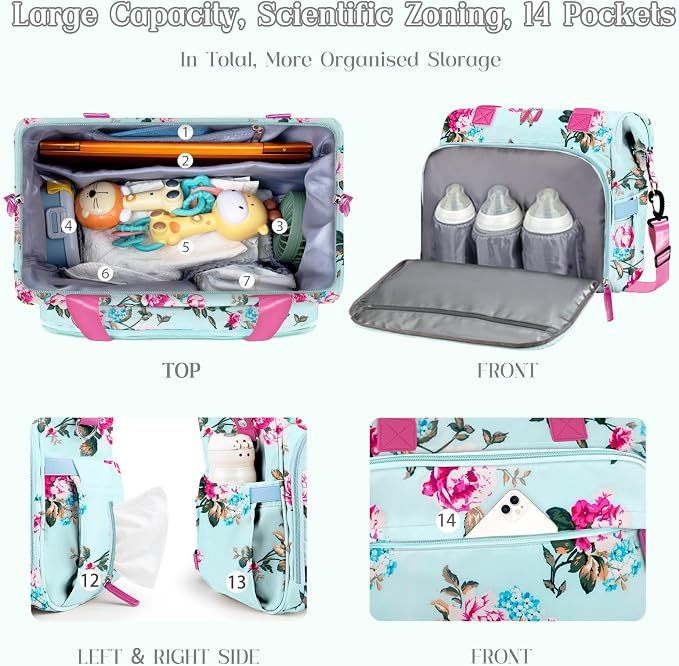 Diaper Bag Backpack Mommy Bag Large Capacity Diaper Backpack Travel Essential Baby Diaper Bag for Mom and Dad, Black (Blue-Floral) - Image 5