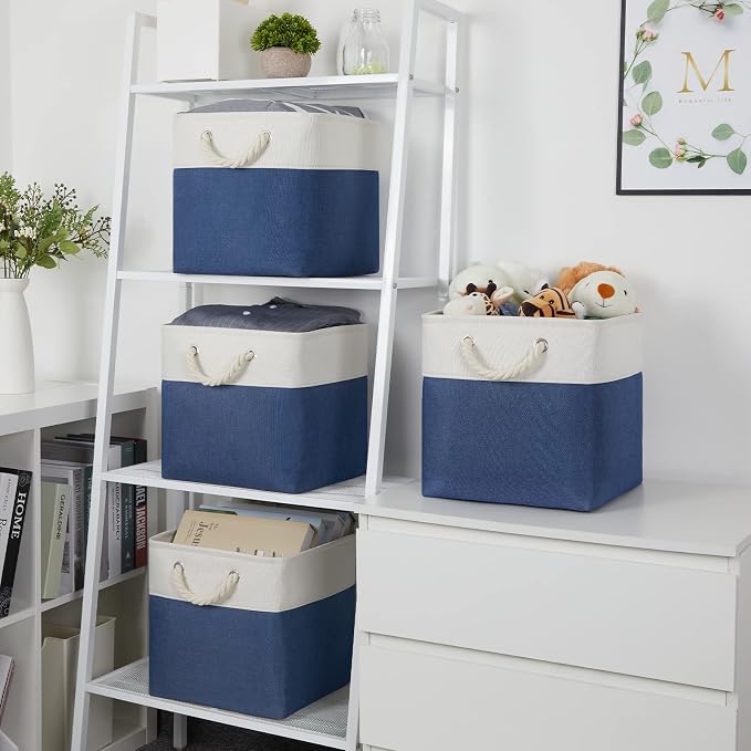 Temary Fabric Storage Cubes for Organizing 4Pack Blue Fabric Storage Basket 12 Inch Cube Storage Bins with Handles for Organizing Toys, Shelf Baskets for Home Office Closet (White&Blue) - Image 5