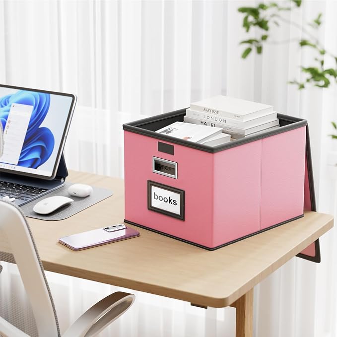 File Organizer Box with Lids, Collapsible File Folder Organizer | File Box with Plastic Slides for Document, Filing Bin for Letter Size Hanging File Folders (1 Pack, Pink, Leather) - Image 4