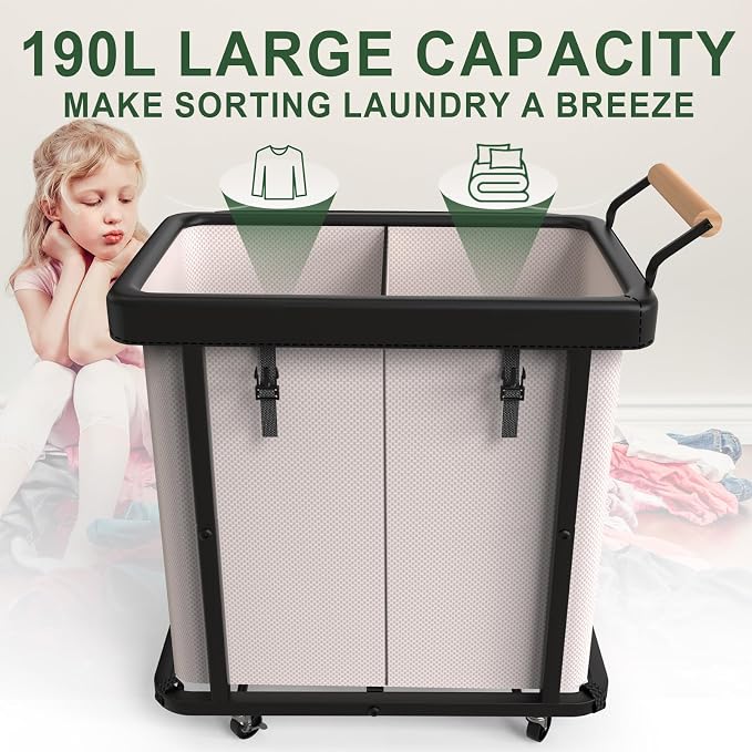 190L (50 Gal) Extra Large Fashion Laundry Hamper 2 Section with Lid, Rolling Laundry Basket Hamper with Handle, Laundry Organizer Storage Cart with Sturdy Metal Frame for Laundry Room, Hotel,White - Image 2