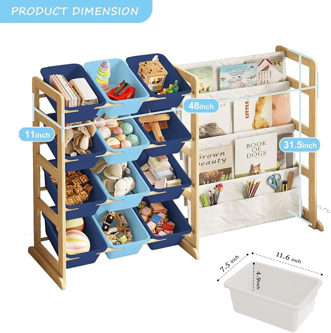 EXPERLAM Toy Storage Organizer with Bookshelf - 12 Storage Bins 4-Tier Multipurpose Shelf to Organize Toys and Books for Kids Room, Playroom, Nursery Room, Blue - Image 3