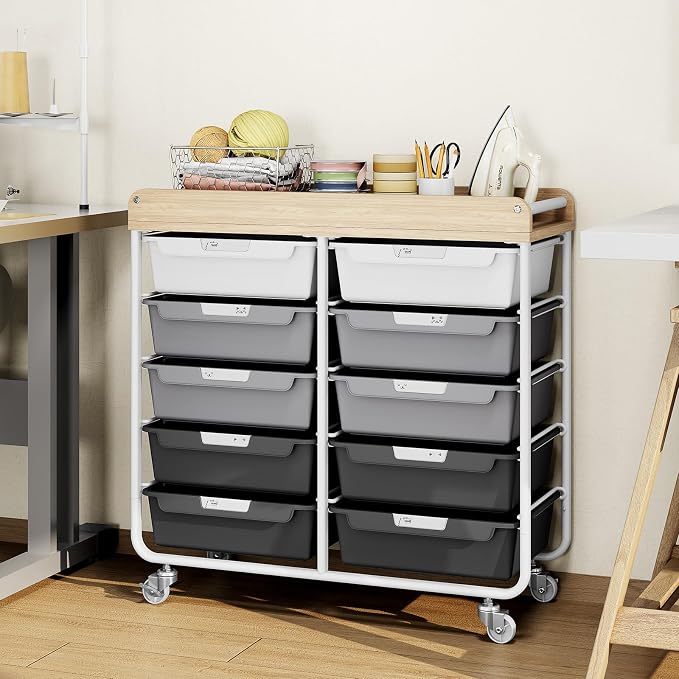 10 Drawer Rolling Storage Cart with Wood Top for Classroom Crafts Grey | Easy Setup, Large Capacity, Sturdy Build, Lockable Mobility, For office, classroom and home supplies - Image 9