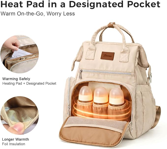 Diaper Bag Backpack with Wet/Dry Pocket, Changing Pad, 27L Beige | 14 Pockets, 3 Insulated Bottle Pockets & Rear Opening for Organizing, Stroller Straps & Luggage Sleeve for Travel - Image 5