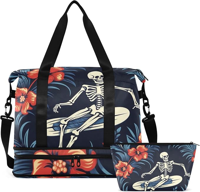 Travel Duffel Tote Bag Gothic Skull and Flower Sports Duffel Bag with Wet Pocket Weekender Overnight Bag for Women Men Gym Bag, Carry On Bag Hospital Bag for Labor and Delivery by MNSRUU