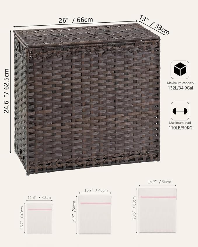 SETVSON Laundry Hamper with Lid Laundry Basket 132 L PE Rattan, Brown | Decorative PE Rattan Furniture Look for Bedroom, Large Sorting Hamper with Lid, 4 Liners, 6 Mesh Bags, Steel Frame - Image 5