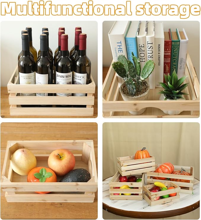 Set of 4 Large Wooden Crates Unfinished Office Storage Crates, Decorative Wood Storage Crates for Display, Rustic Pine Wood Organizer Bin Basket for Kitchen Pantry Bathroom - Image 4