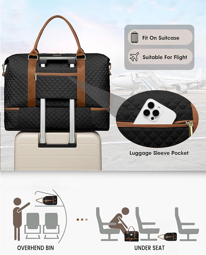 Travel Weekender Bags for Women Duffle - Carry on Overnight Bag with Shoe Compartment & Toiletry Gym Duffel Bags with Wet Pocket Hospital for Labor and Delivery Black Brown - Image 3