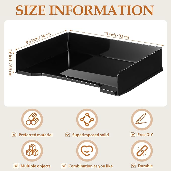 DoubleFill 6 Pcs Stackable Letter Tray Plastic Paper Tray, Black | 13 x 9.5 x 2.6 In, Rectangular, Paper Holder, File Tray for Desktop Office Desk Drawers - Image 3