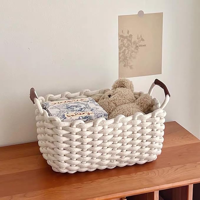 3 Pack Small Cotton Rope Basket with Handles Woven Storage Basket Rectangle Stackable Nursery Storage Baskets Decorative Shelf Basket Organizer Gift Baskets for Toys Small Items(White) - Image 6